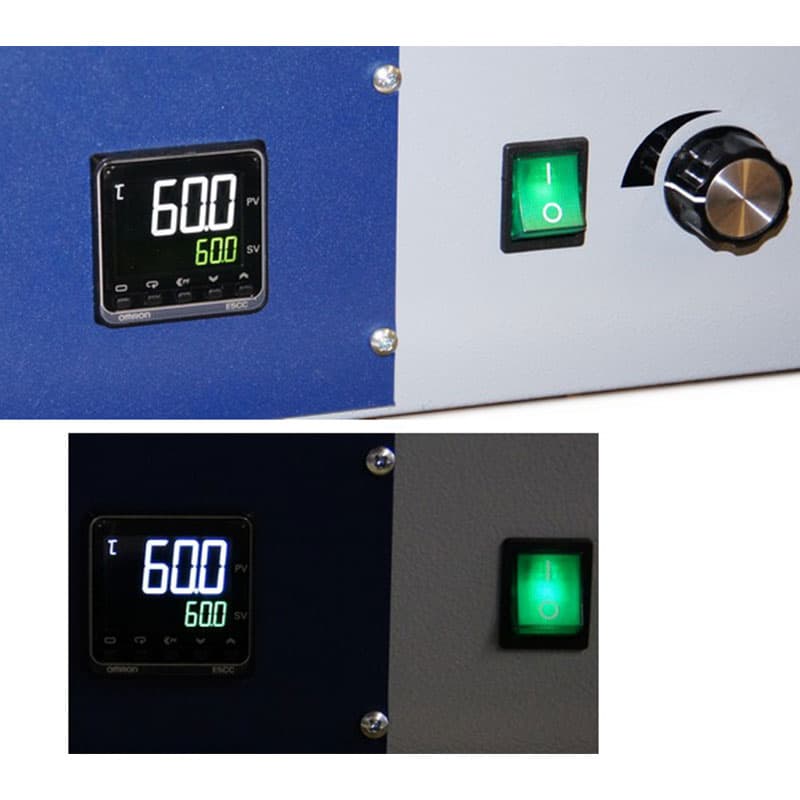 Omron E5CC digital temperature controller and operating controls on a SNOL 300°C laboratory oven.