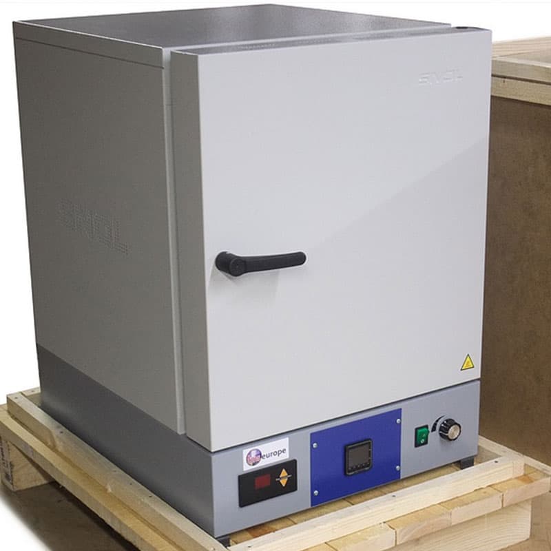 SNOL 300°C forced air laboratory oven with insulated door closed and digital temperature controls.