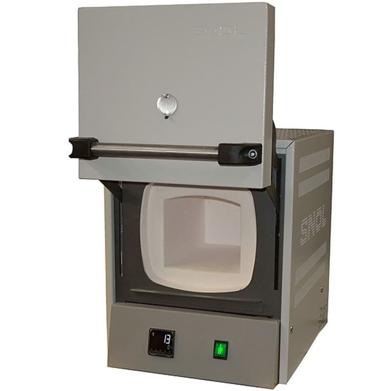 SNOL 1100°C laboratory furnace with insulated chamber and digital temperature controller for high-temperature material testing.
