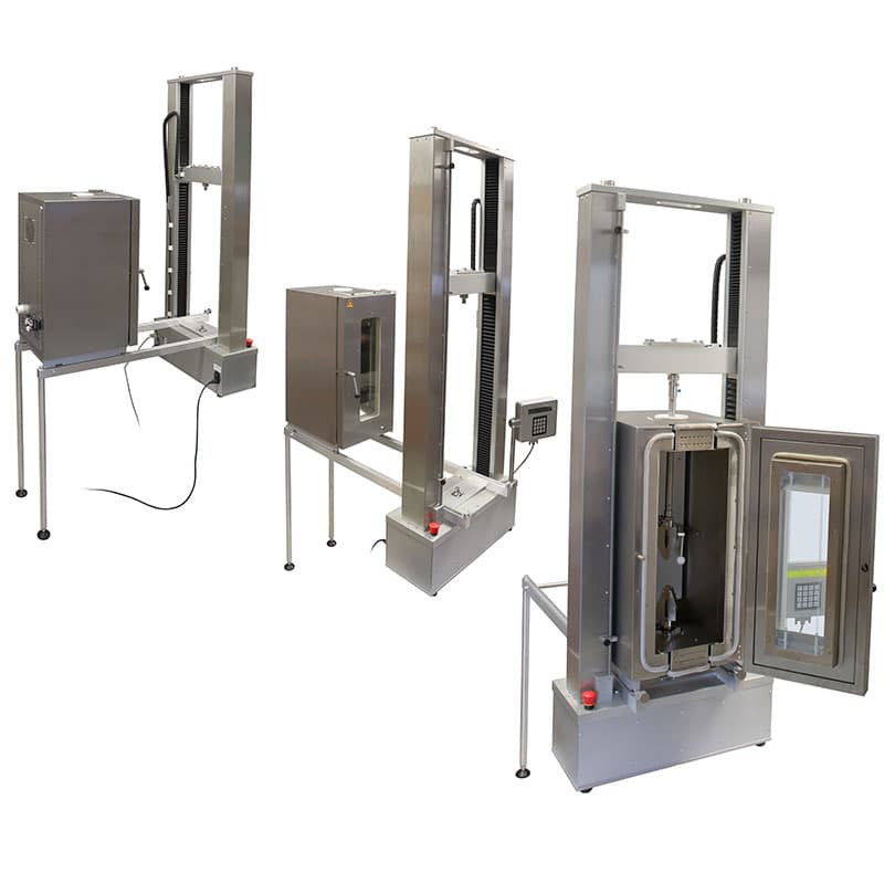 Three twin column tensile tester configurations with optional test enclosures.