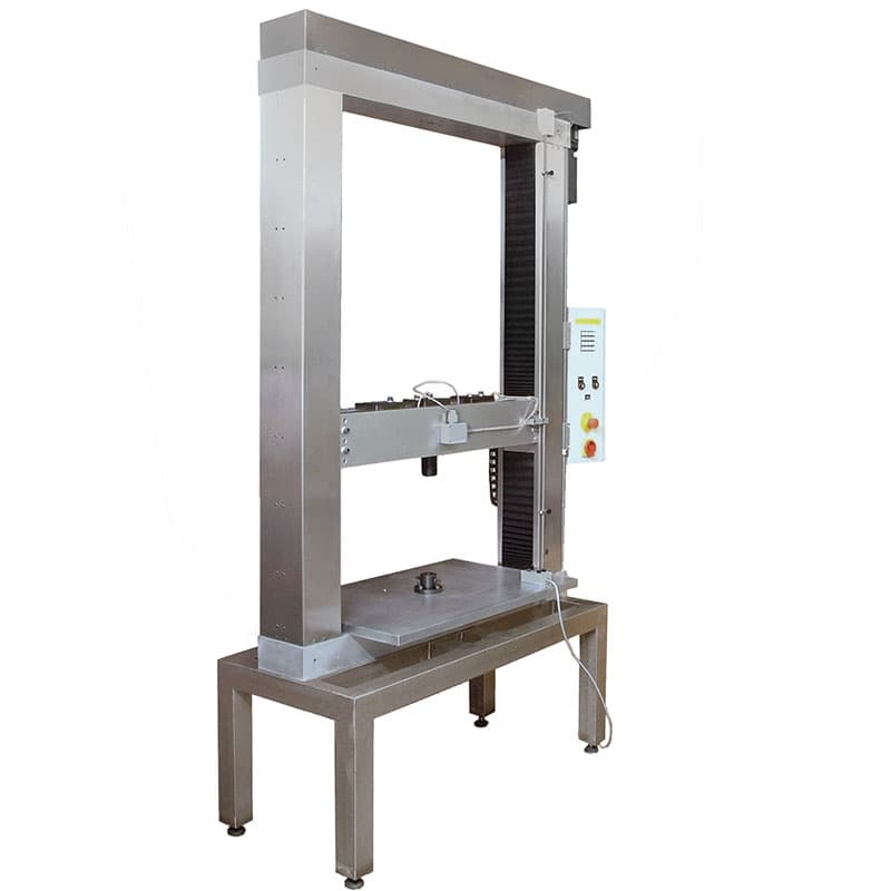 Tall twin column tensile tester mounted on a stainless-steel support frame.