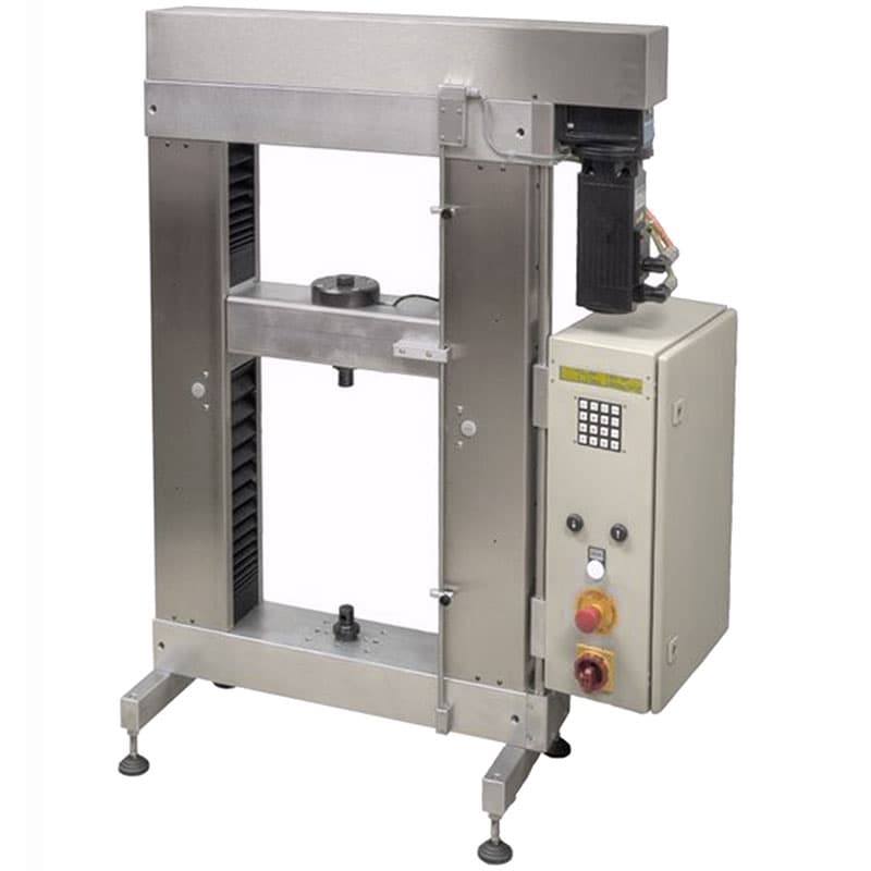 Stainless-steel twin column tensile testing machine featuring an adjustable crosshead, integrated digital control panel, emergency stop and floor-level adjustable feet.