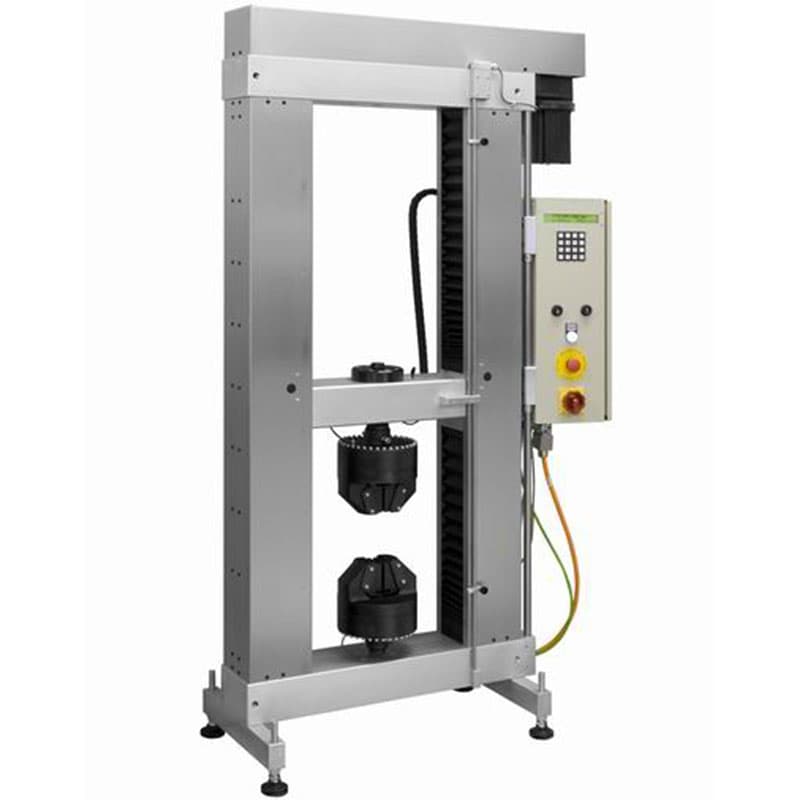 Twin column tensile tester fitted with upper and lower specimen grips.