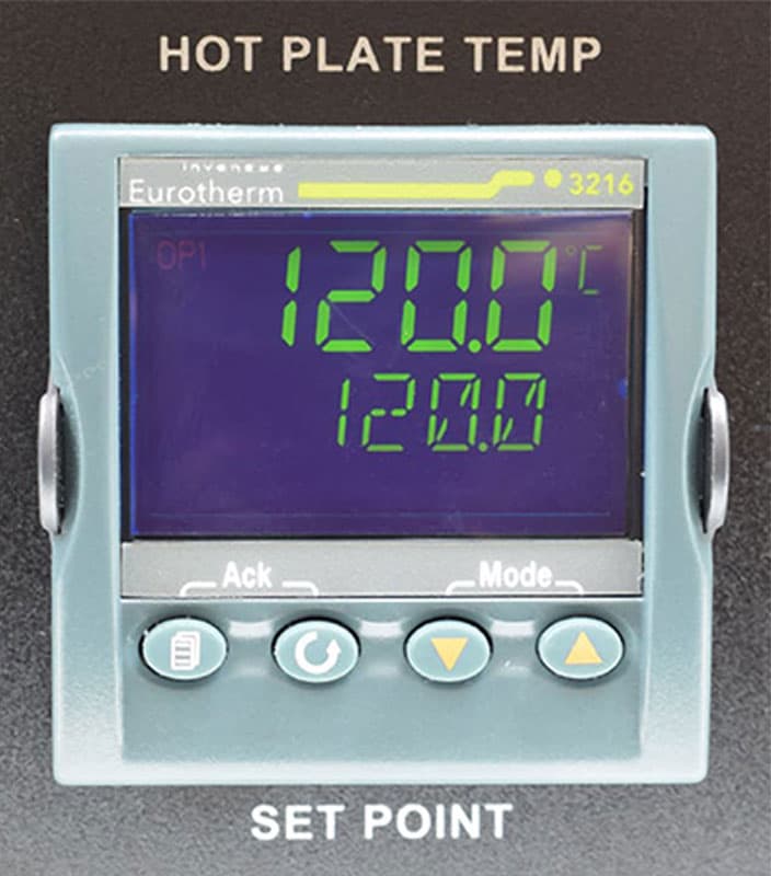Close-up of digital temperature control display – A Eurotherm temperature controller reading "120.0°C", used for precise heat adjustments on the Hanatek Film Shrinkage Analyser.