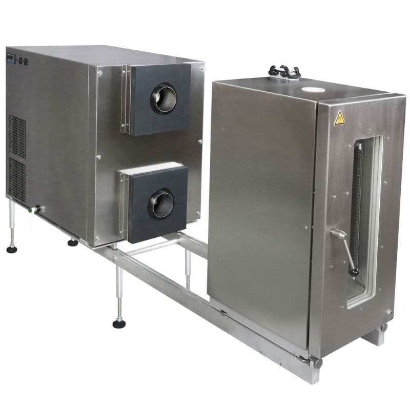 Integrated flame test system with combustion unit and vertical test cabinet linked by a stainless steel frame.