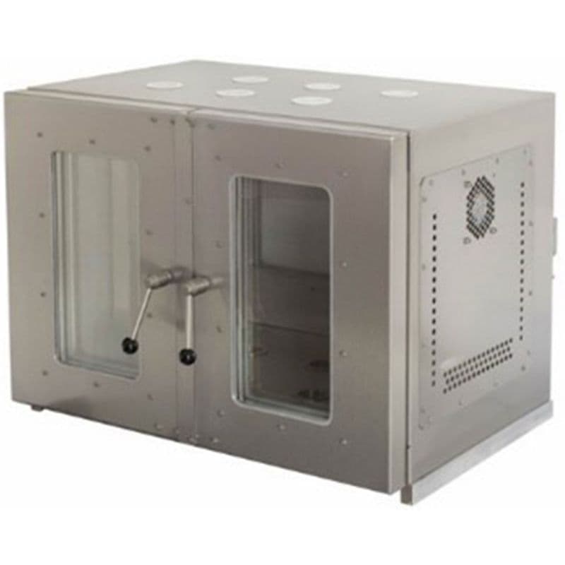 Double-door horizontal stainless steel chamber with viewing windows and manual crank handles for access.