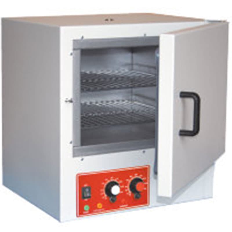 Laboratory drying oven with open door, interior metal shelves, and front panel with analogue temperature and timer controls.