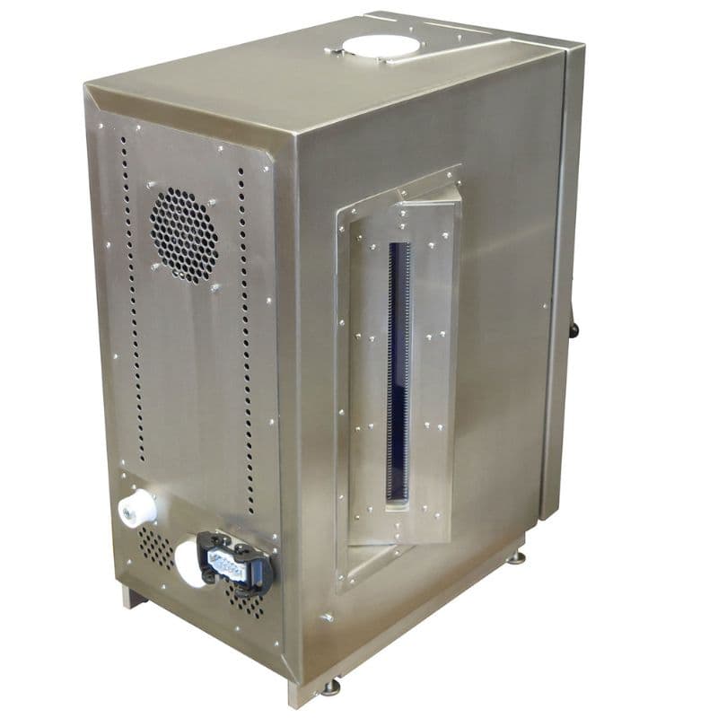 Rear side of a stainless steel test unit showing ventilation fan, ports, and vertical inspection window.