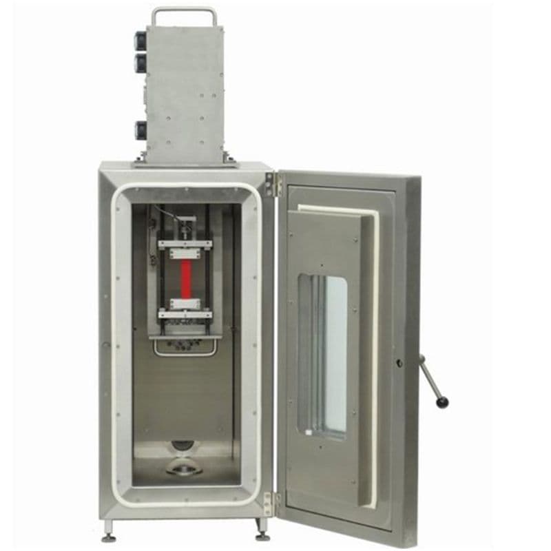 Upright flammability test chamber with sample holder and red ignition strip inside a transparent door.