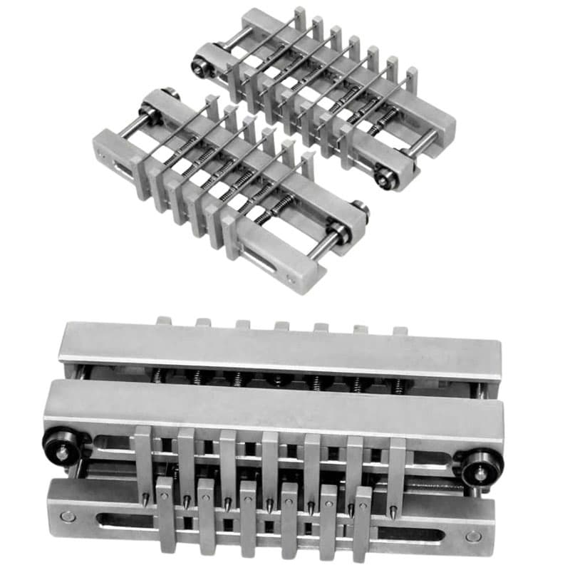 Adjustable multi-specimen testing fixture with clamps and springs for crush or compression testing.