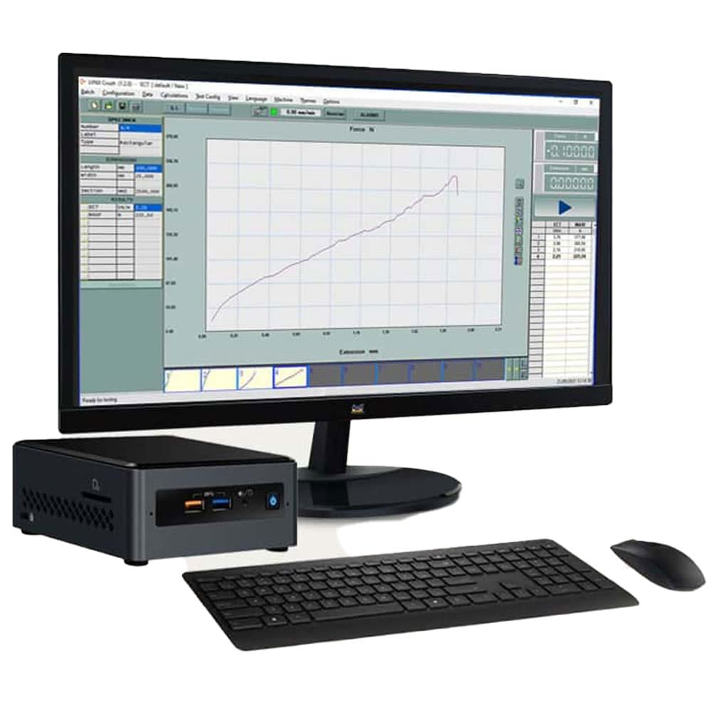 Computer workstation with crush testing software for paper and cardboard analysis.