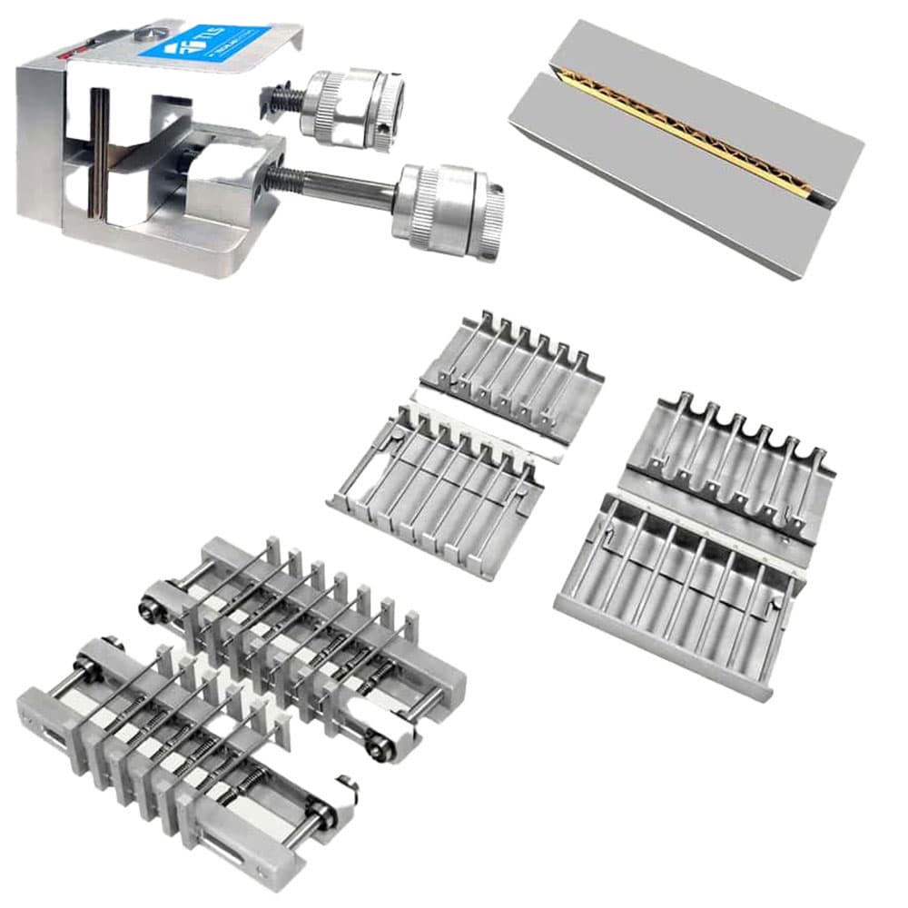 Crush test fixtures and compression accessories for paper and corrugated cardboard testing.