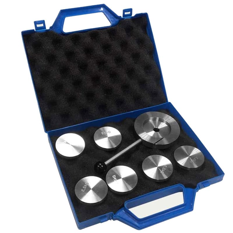Ring crush test tools with circular platens for paper strength testing.