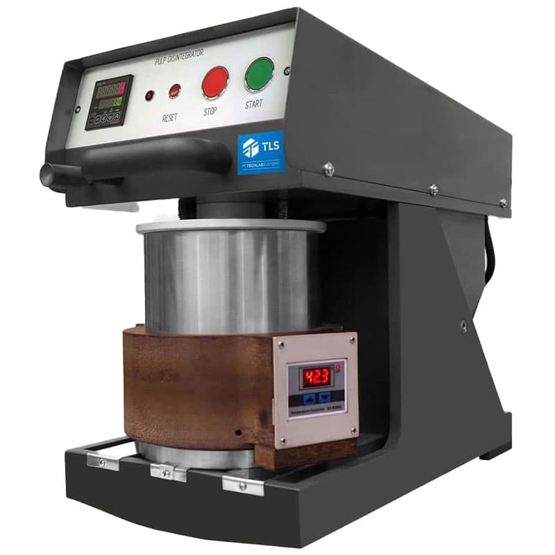 Pulp disintegrator with temperature-controlled heating jacket around container, displaying 42.3°C.