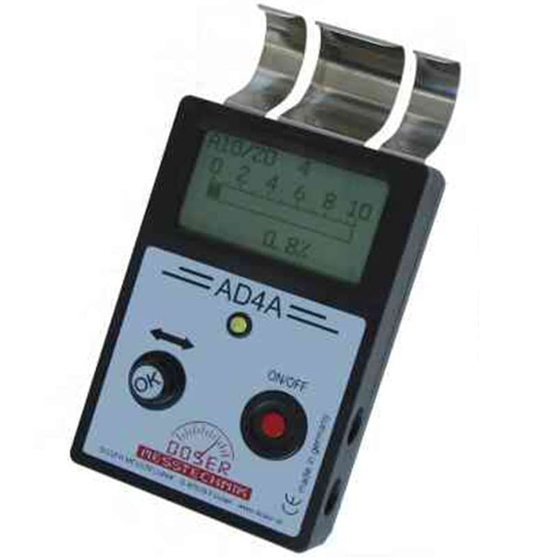 Handheld AD4A digital moisture meter with LCD display and three metal contact electrodes for measuring moisture in materials.