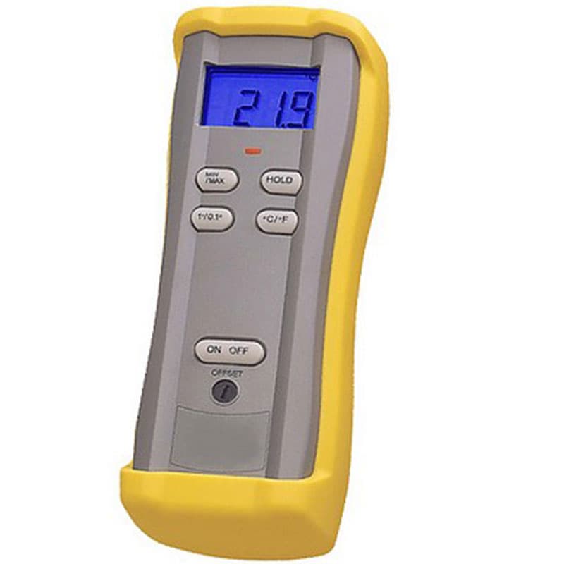 Handheld digital thermometer with blue backlit display reading 21.9, grey control panel, and yellow protective rubber casing with multiple measurement buttons.