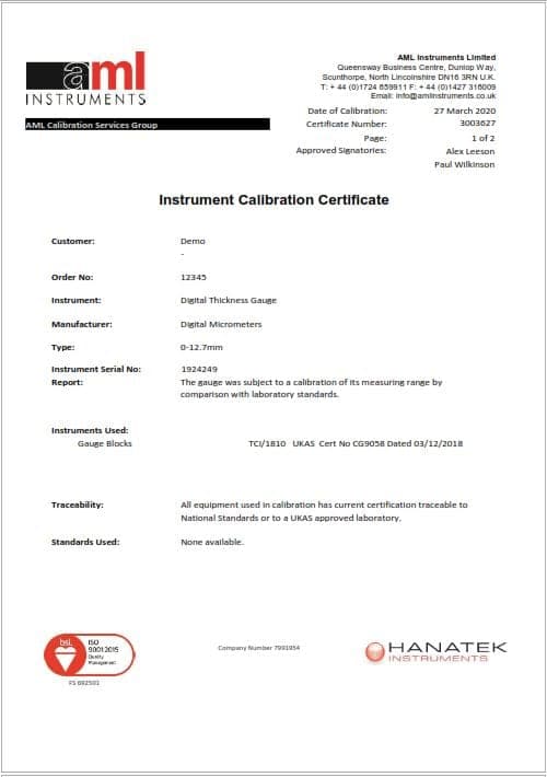 Digital Thickness Gauge Certificate Front Page