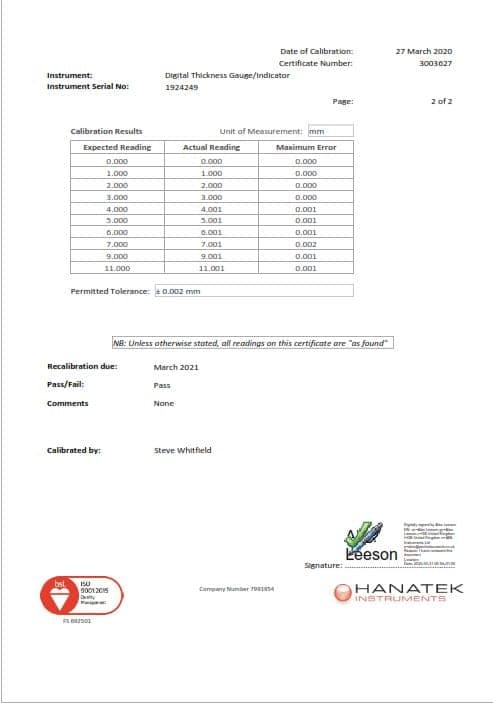 Digital Thickness Gauge Certificate Results Page