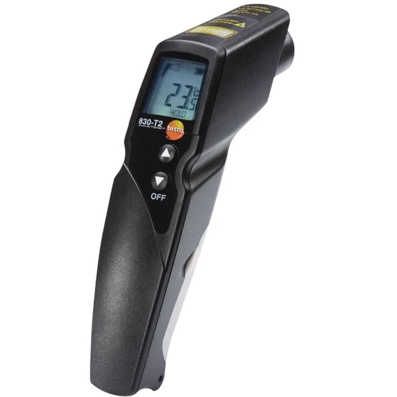 Black infrared thermometer '830-T2' by Testo, featuring an ergonomic design and a digital display showing a temperature reading of 23°C.