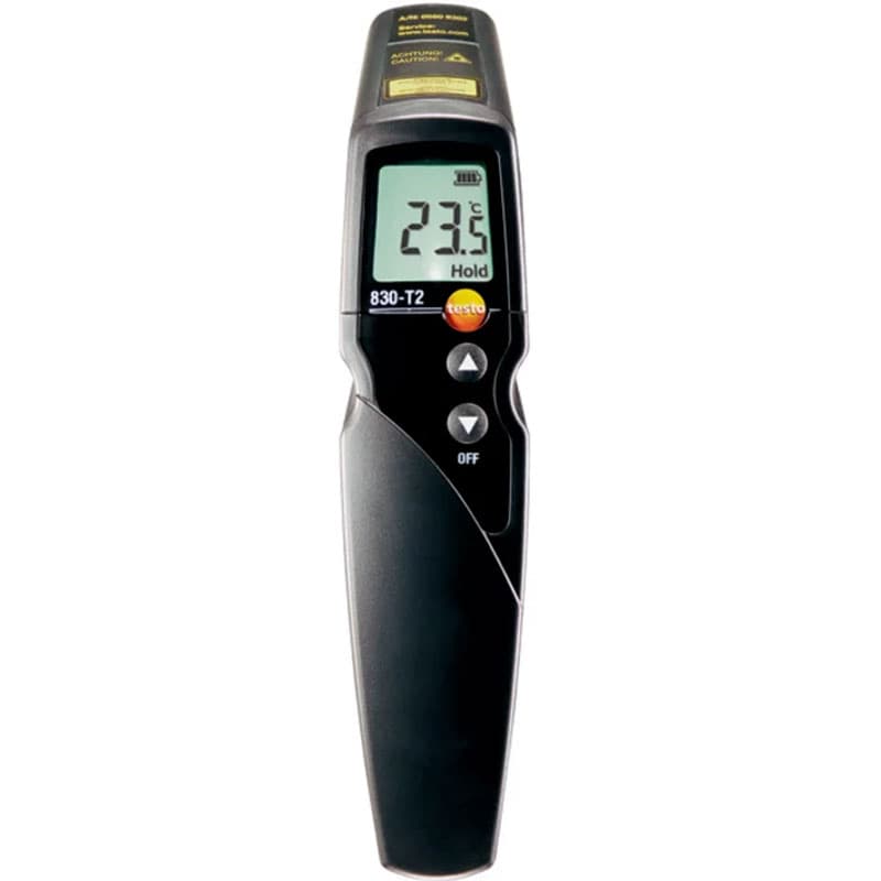 Front view of Testo 830-T2 infrared thermometer with a digital screen showing a 23°C temperature reading and control buttons below the display.