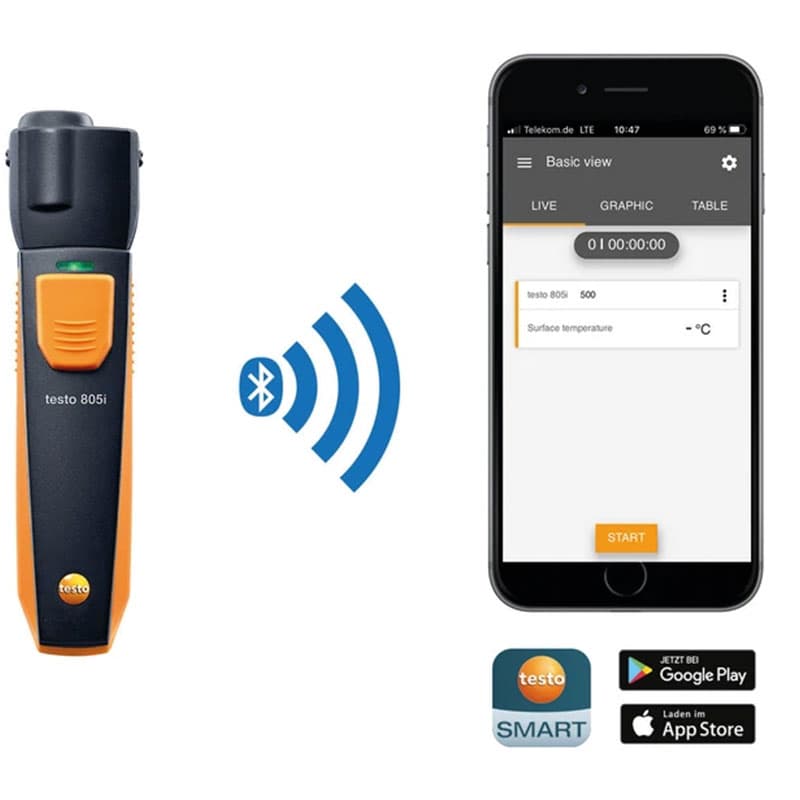 Testo 805i infrared thermometer with Bluetooth connection to smartphone displaying Testo Smart Probes app.