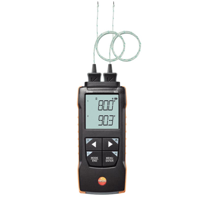 Front view of Testo 922 dual-channel thermometer displaying two temperature readings with thermocouple probes attached.