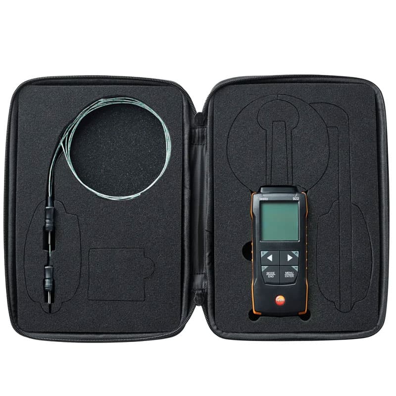 Testo 922 thermometer and probe stored in a protective carrying case with foam insert.