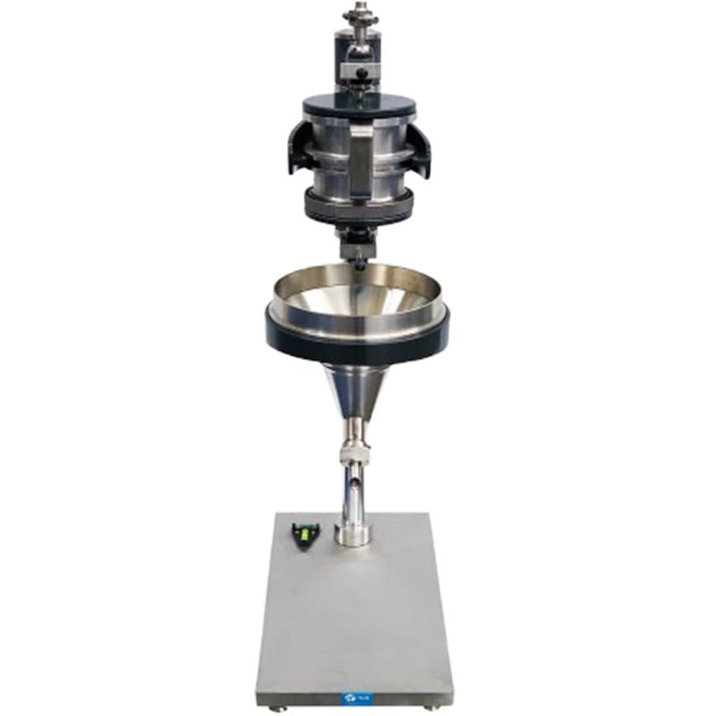 Stainless steel laboratory filtration device with a sturdy base, large funnel, and clamp-based material holder.