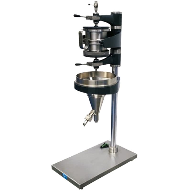 Side view of a stainless steel filtration system with a polished funnel, ergonomic clamps, and a spout for liquid flow.
