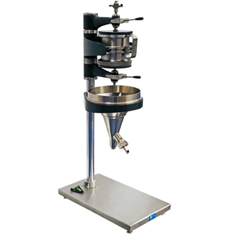 Stainless steel laboratory filtration apparatus with adjustable clamps, polished funnel, and stable base featuring a levelling tool.