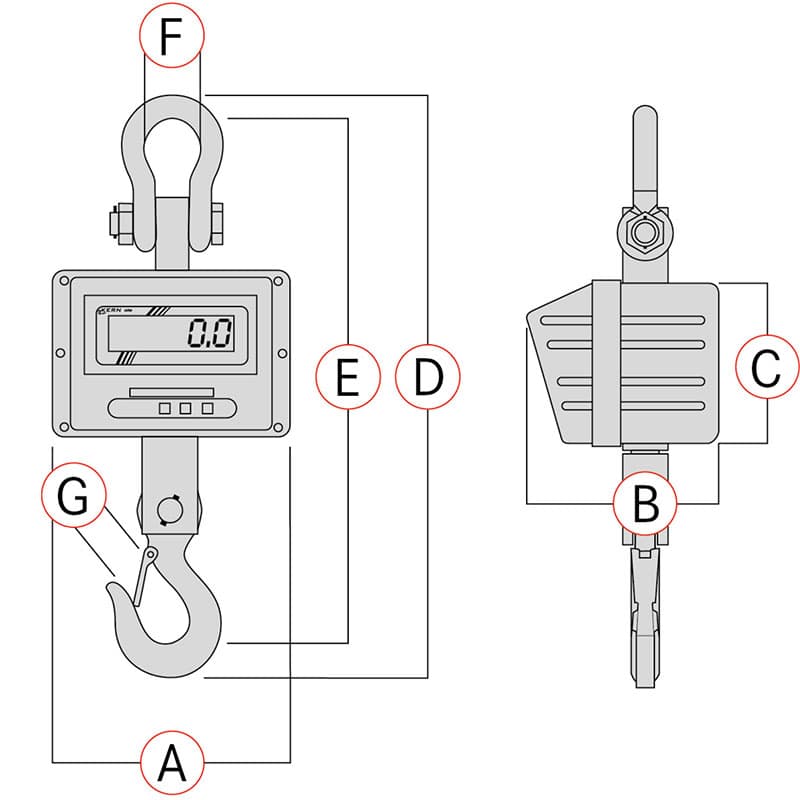 Technical diagram of a crane scale with labelled components and front and side views.