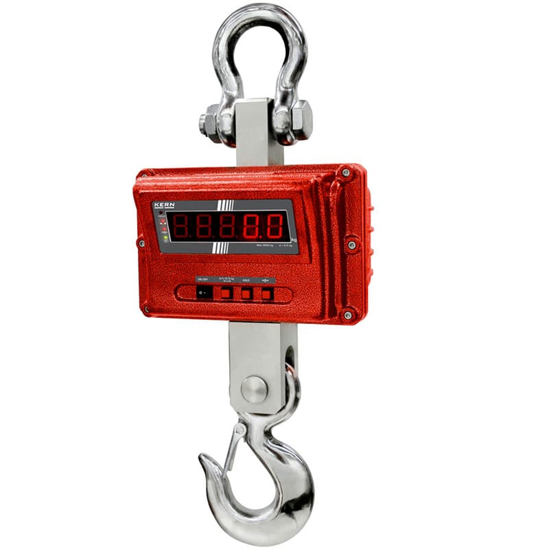 Digital crane scale with red housing, display screen, and hook for weighing suspended loads.