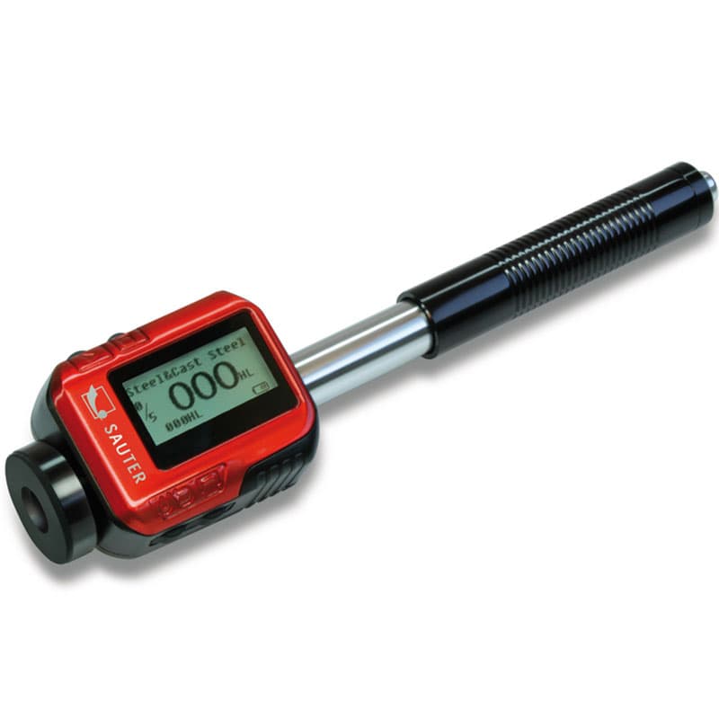 A red Sauter handheld hardness tester with a digital display showing "000 HL" and a black-silver cylindrical probe handle.
