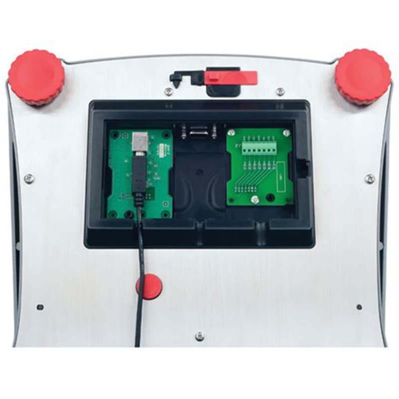 Bottom view of Ohaus Ranger 4000 Compact Scale showing internal circuit board and USB port.