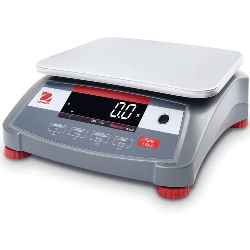 Side view of Ohaus Ranger 4000 Compact Scale showing stainless steel platform and control panel.