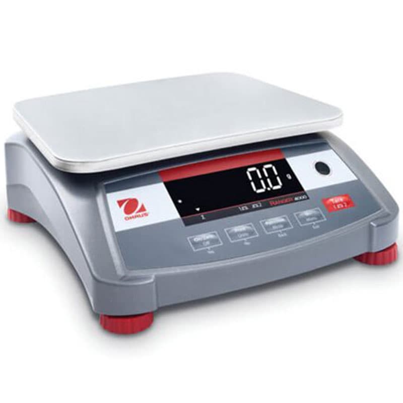 Front angled view of Ohaus Ranger 4000 Compact Scale with LED display and stainless steel weighing platform.