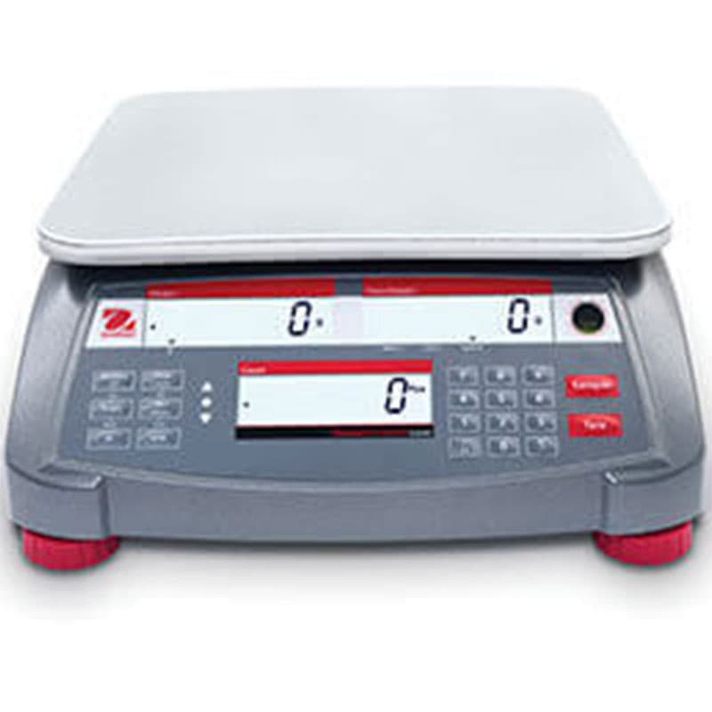 Front view of OHAUS Ranger Count 4000 scale showing keypad and triple LCD readout.