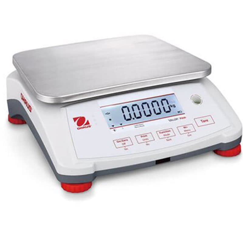 Ohaus Valor 7000 digital food scale powered on, displaying 0.0000 kg with OHAUS branding.