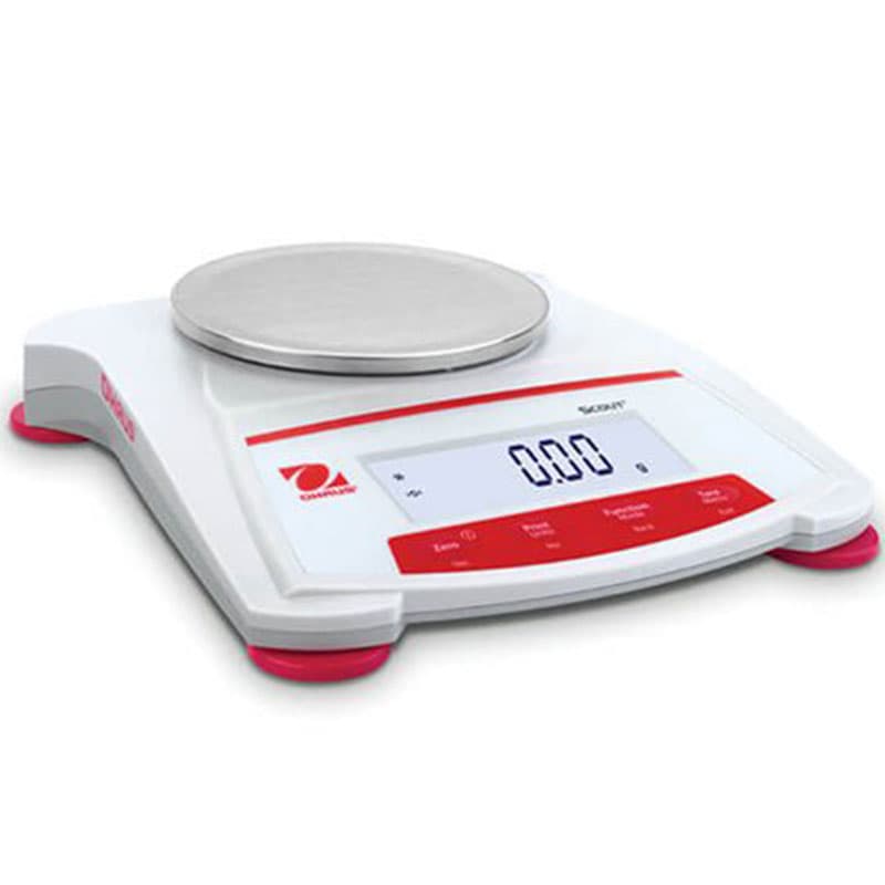 A side view of the OHAUS Scout SKX balance without any objects on the platform. The sleek and modern design is emphasized with a clear view of the digital screen and control buttons.