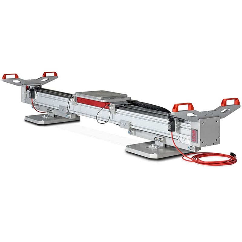 VIBRA 9000 test controller connected to a linear actuator system, showcasing an industrial setup for vibration and durability testing.