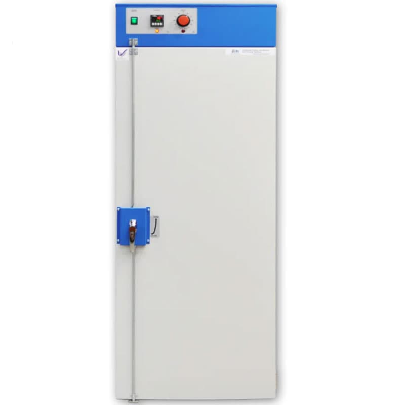 The image shows a tall, incubator with a white and blue color scheme. It has a control panel at the top with switches and knobs, used for regulating temperature or other settings. The incubator door has a secure latch and a vertical handle running along its length.