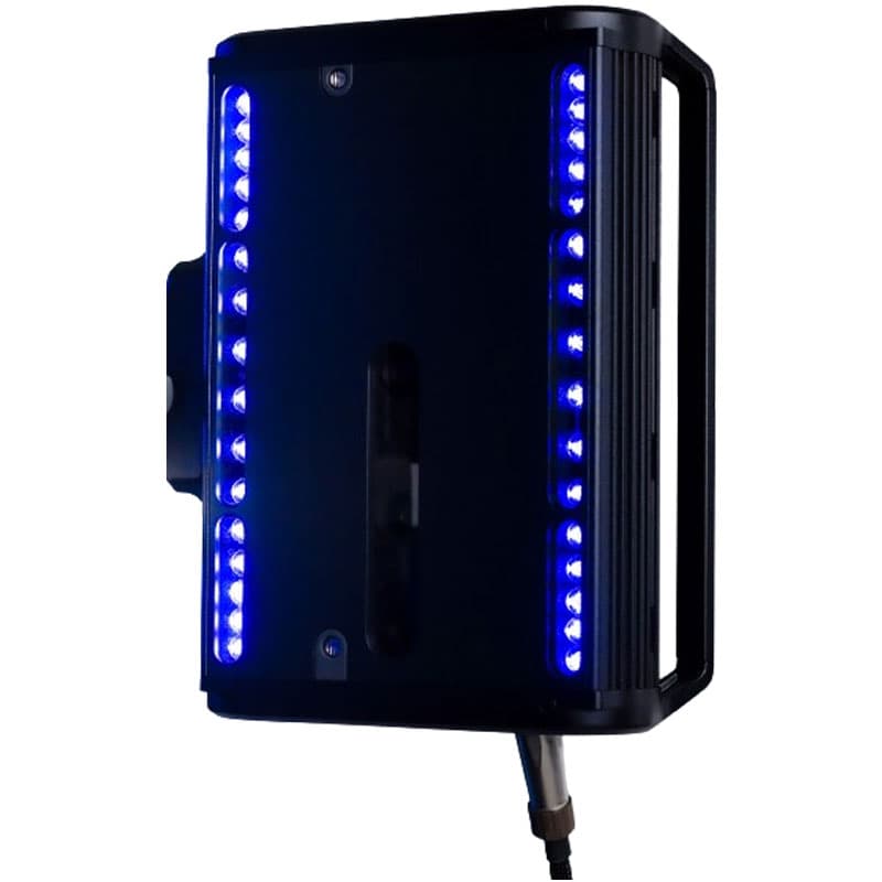 This image displays a close-up of a rectangular black extensometer with blue LED lights arranged vertically along its sides. The background is dark, with the blue lights standing out sharply, creating a modern, high-tech appearance.