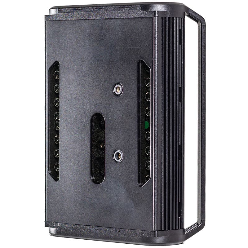 This image displays a close-up of a black, rectangular extensometer. The instrument has a robust, metallic exterior with visible screw points and some internal components peeking through. The background is plain white, which highlights the details of the device itself.
