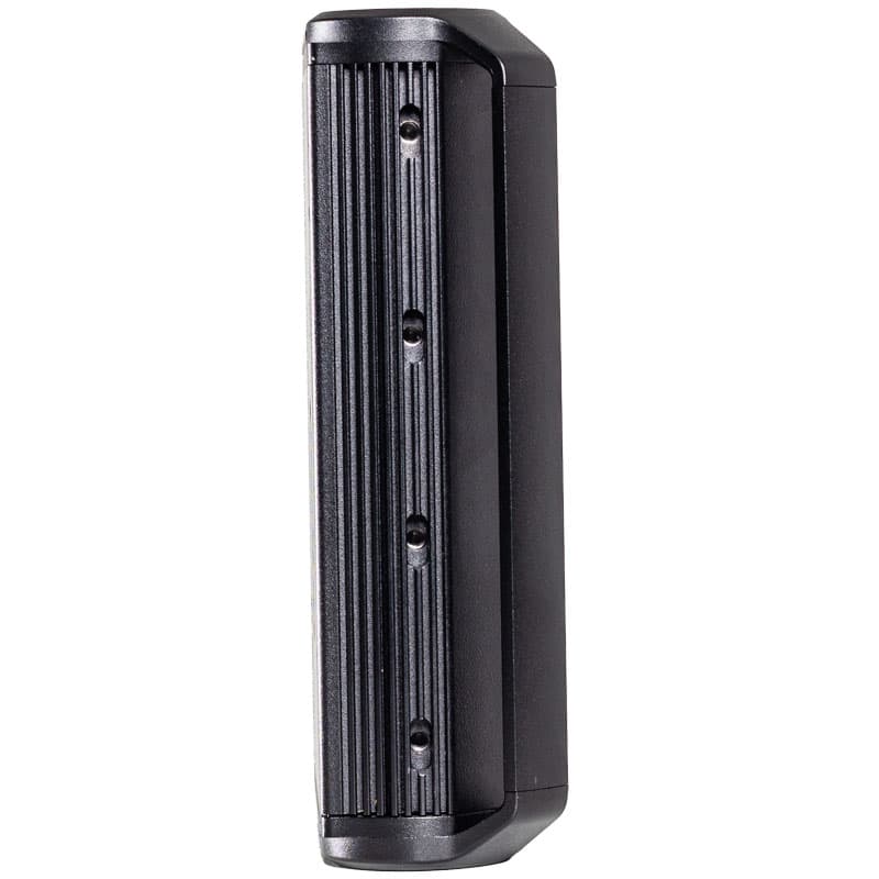 This image shows a side view of a black, ribbed extensometer, with visible screw points along its length. The instrument is sturdy and streamlined. The white background provides a clear contrast, allowing the details of the device to stand out.