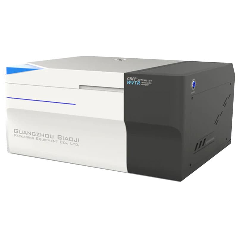 Dual-tone water vapour permeability testing device with a white and black exterior, featuring branding, a blue accent line, and ventilation slots for efficient operation.