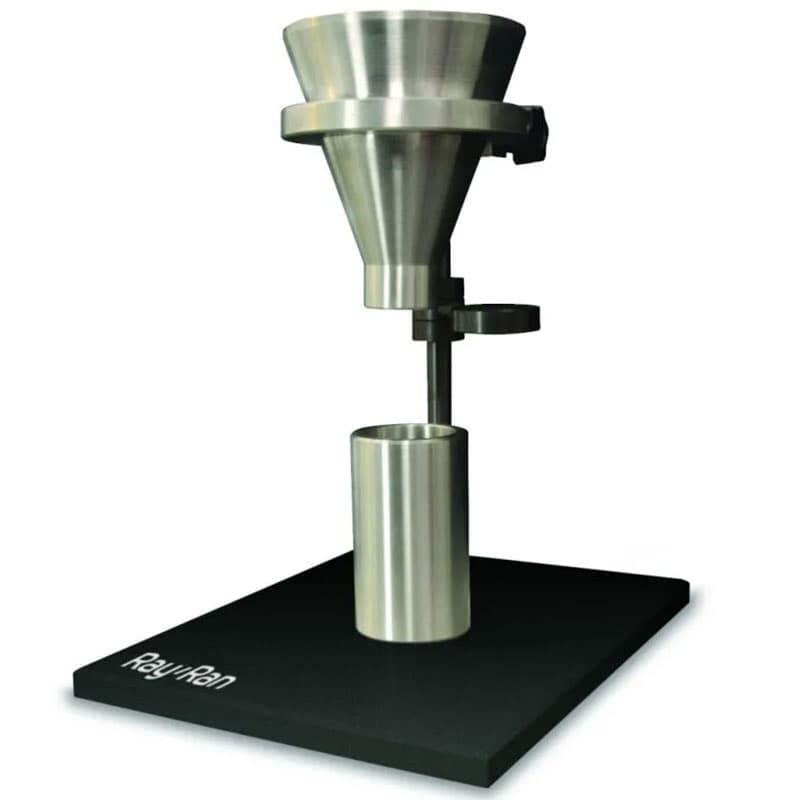 Ray Ran stainless steel funnel flow tester on a black base, featuring a funnel, height-adjustable holder, and cylindrical container for granular material testing.