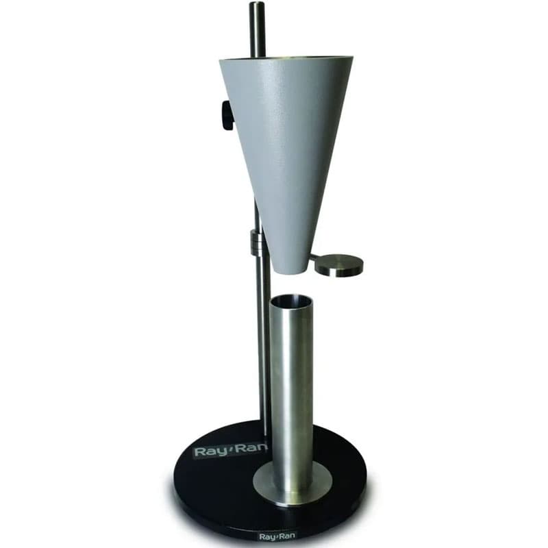 Ray Ran funnel flow tester with a textured funnel and adjustable collection container, mounted on a round black base with the logo.