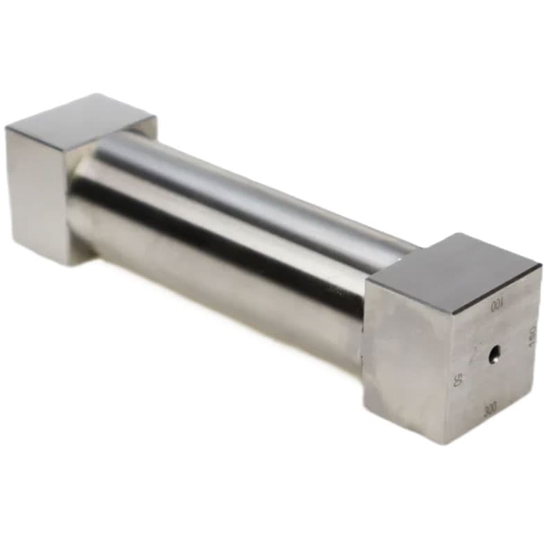 Horizontal view of a polished metal instrument with a cylindrical body and engraved square ends, reflecting light.