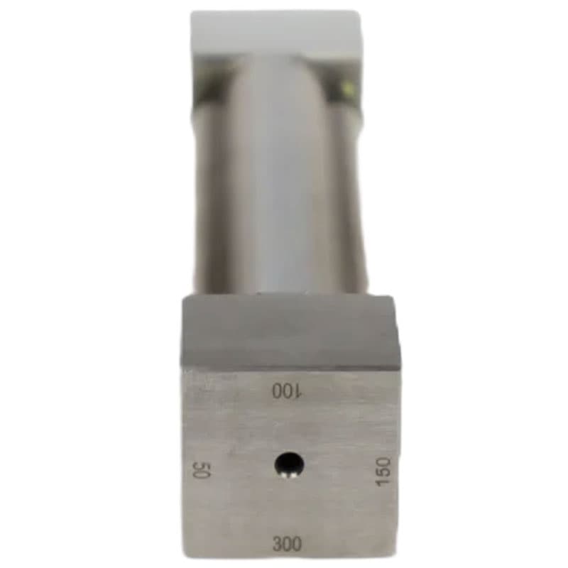 Horizontal view of a polished metal instrument with a cylindrical body and engraved square ends, reflecting light.