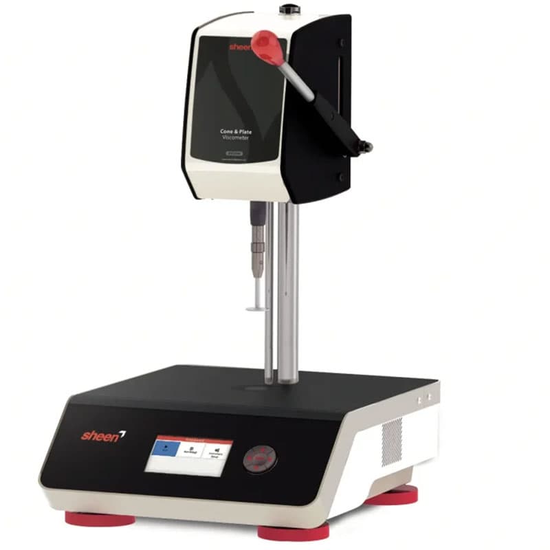 TQC Sheen Cone and Plate Viscometer with digital controls, red lever handle, and cone-and-plate setup for precise liquid viscosity measurement.